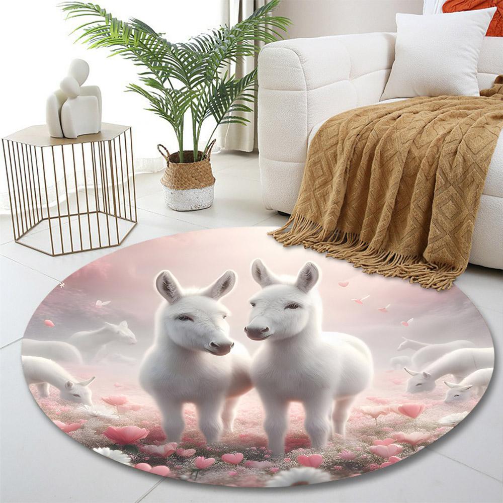 "White Donkeys in Romantic Floral Meadow" Print round rug, living room, bedroom, playroom carpet, non slip floor mat, gift