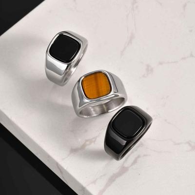 Stainless Steel Tiger Eye Square Ring with Metallic Luster - Trendy Index Finger Accessory RC-620