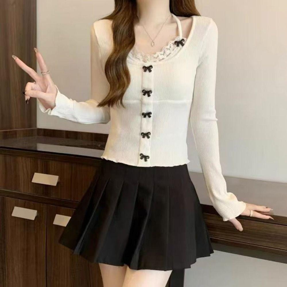 Lace Tied Up Long Sleeved T Shirts Slim Fit Fake 2 Pieces Crop Tops  Travel