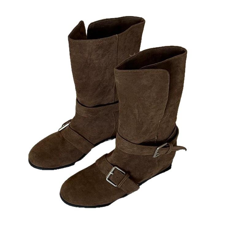 Sheepskin Version~ Korean Round Head Belt Buckle Inner Height Increase Flanging Two Wear Medium Boots Women's Western Cowboy Boots Martin Boots
