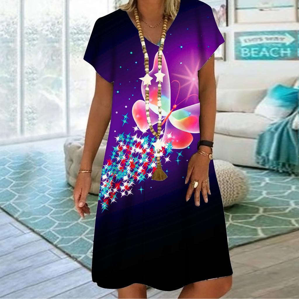 Summer Fashion V-neck Dress Ladies Short Sleeve Curved Butterfly Printed Dress Loose Casual Dress for Women