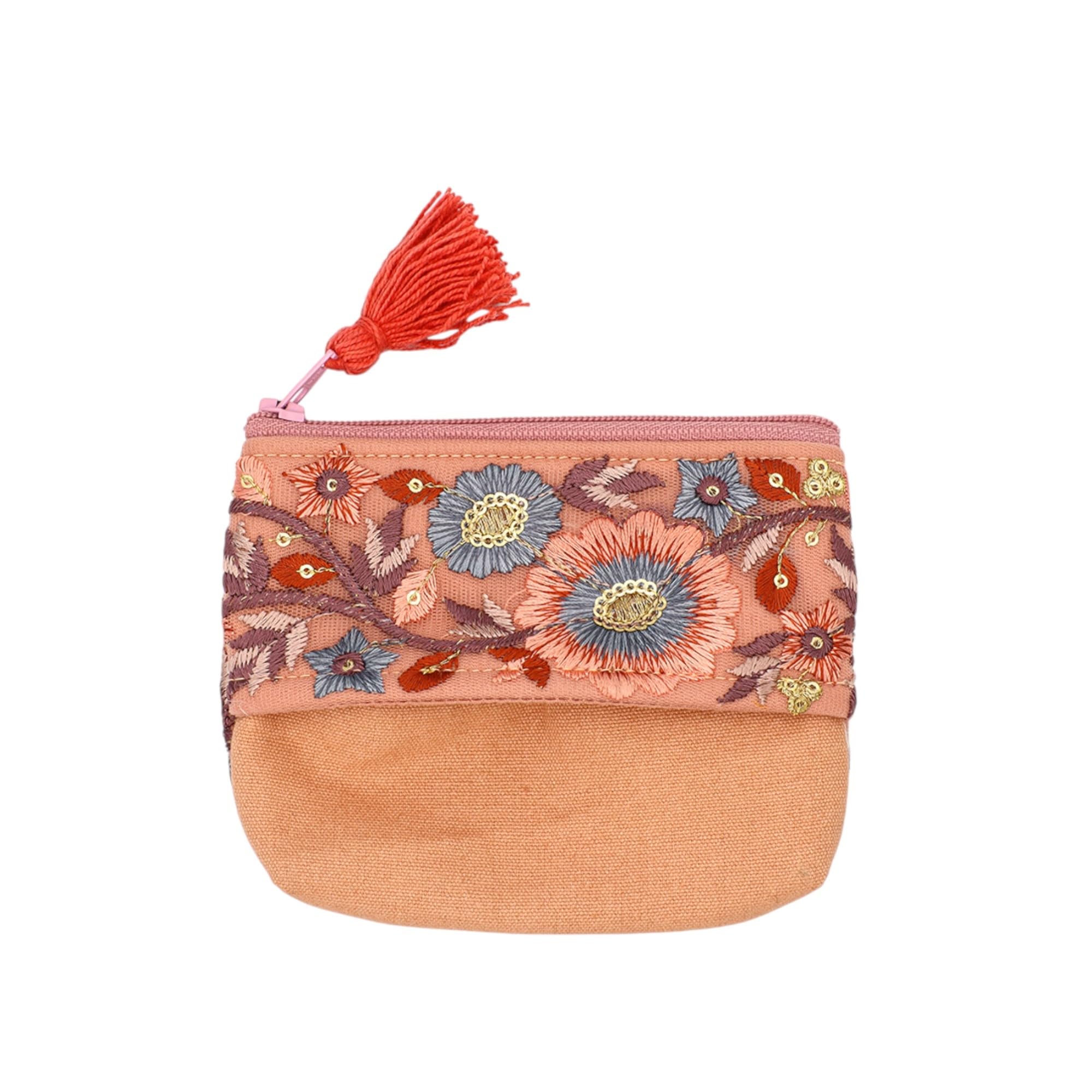 Tomo Corporation Индийская вышитая ленточная косметичка с отделение для салфеток, Лососево-розовый, Индийская вышивка, Индийская лента, 13xВ10xГ2см, 13124-000-411