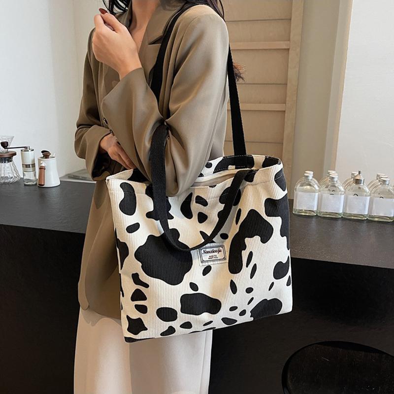 Fashion Large Capacity Cow Print Corduroy Tote Bag for Women Reusable Cute Commuter Shoulder Bag with Zipper, Foldable Shopping Bag