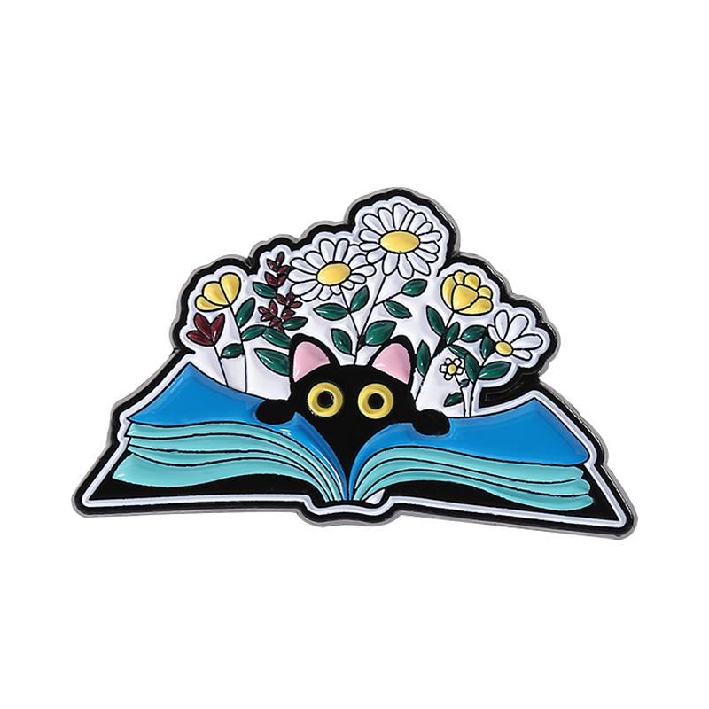 Black Cat Reading Book Enamel Pin Kawaii Kitten Floral Book Bookworm Nerd Brooch Lapel backpack Badge Jewelry Gift For Friends