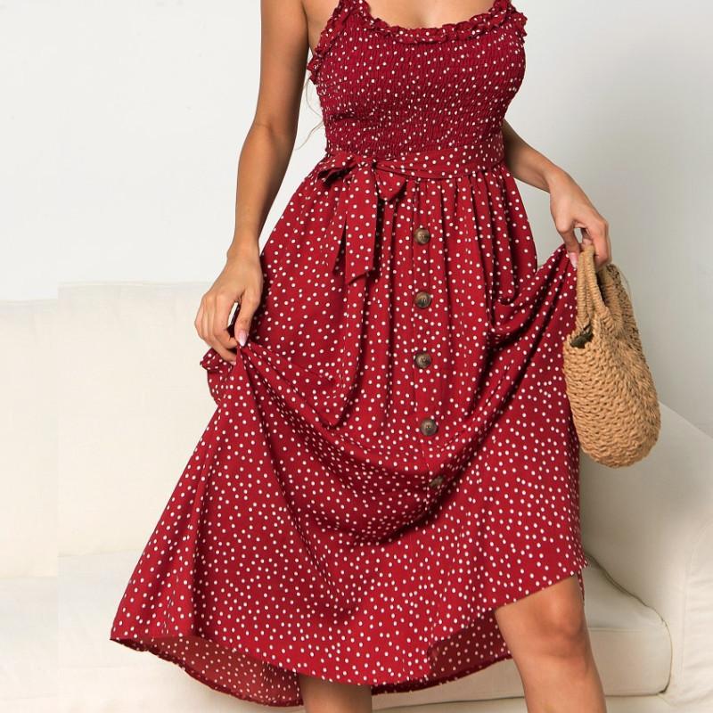 Polka Dot Print Princess Dress With Ruffle Trim Spaghetti Straps