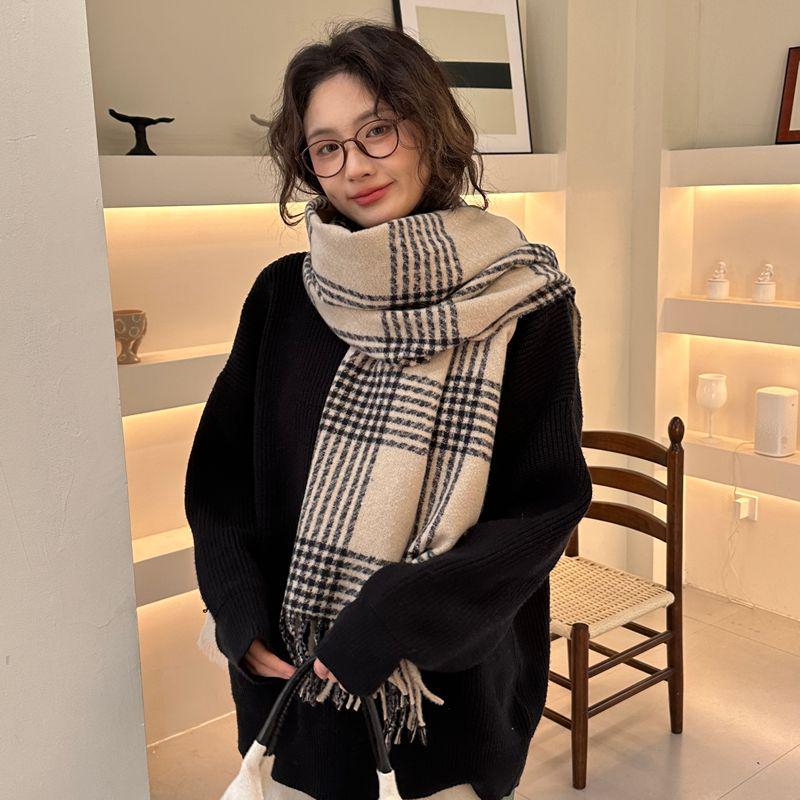 Women's Faux Cashmere Plaid Scarf - Korean Style, Thick & Warm Autumn/Winter Shawl