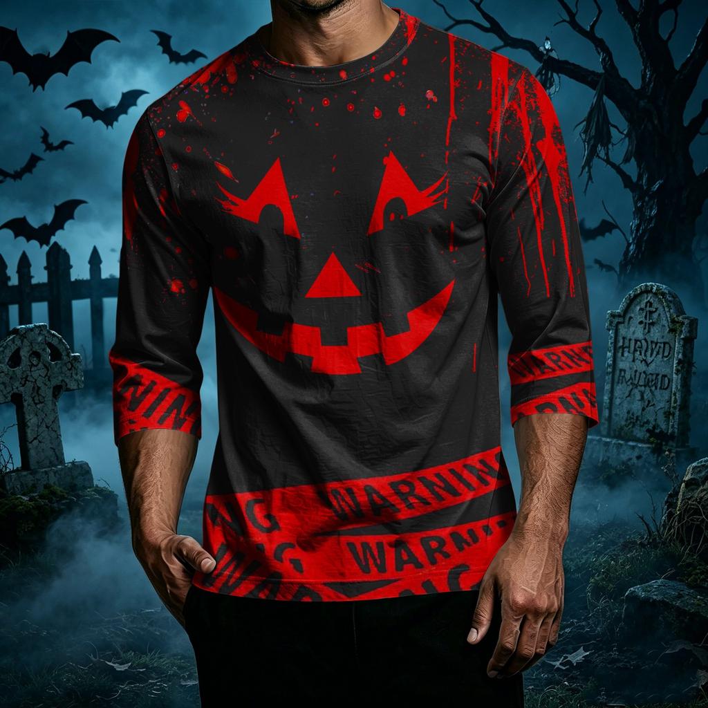 Men's Casual Halloween Graphic T-Shirt Three Quarter Sleeve Crew Neck Top Lightweight Comfortable Fit