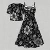 Women Plus Size Two Piece Dress Set Floral Printed V Neck Short Sleeve Tie Front Shrug Strappy Flared Dress White Blue