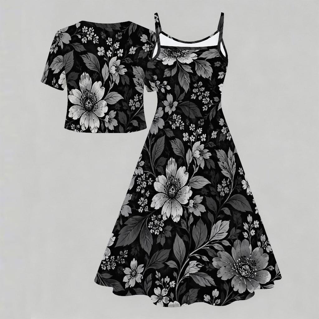 Women Plus Size Two Piece Dress Set Floral Printed V Neck Short Sleeve Tie Front Shrug Strappy Flared Dress White Blue