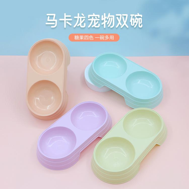 Pet Double Bowls Macaron Color Cat Dog Rice Bowl Food Basin Non-slip Thickened Household Drinking Water Two-in-one