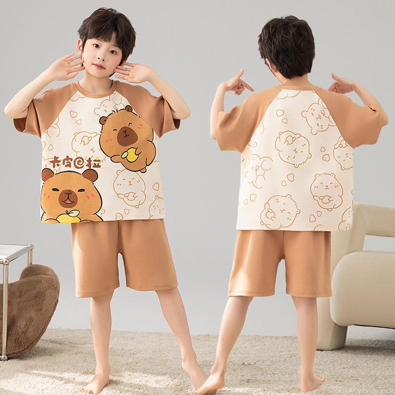 Boys Cotton Pajama Set Short Sleeve Cartoon Print Lightweight Sleepwear Kids 8 Years Home Wear
