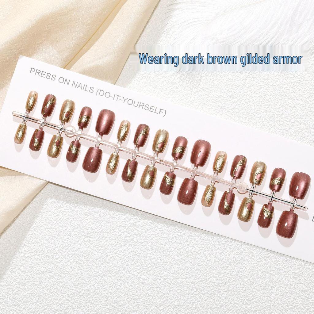 Nail Art Gilded Cat's Eye Blush Tips - 30-Piece Set, Handmade & Ready-to-Wear In XS/S/M