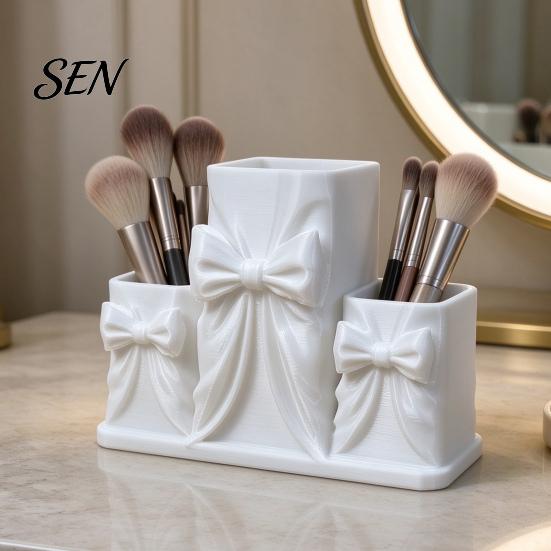 Aesthetic Desk Decor for Girls 3D Printed Makeup Storage Box with Bow Design, Desktop Cosmetic Organizer Cosmetics Vanity Table, Three Compartments