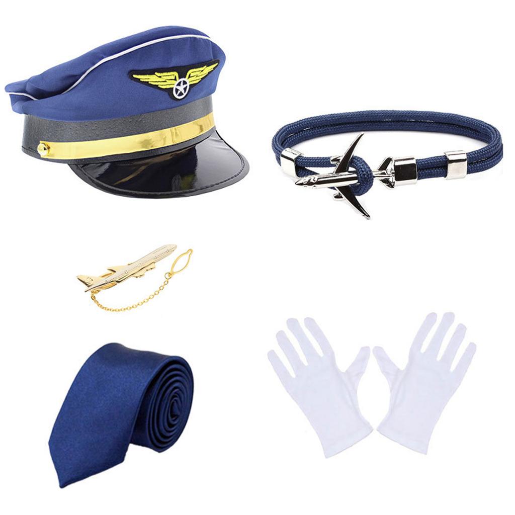 Airline-Kapitän Outfits Kapitänshut Uniform Schulterklappen Krawatte Handschuhe Herren Damen Flugbegleiter Stewardess Kostüm