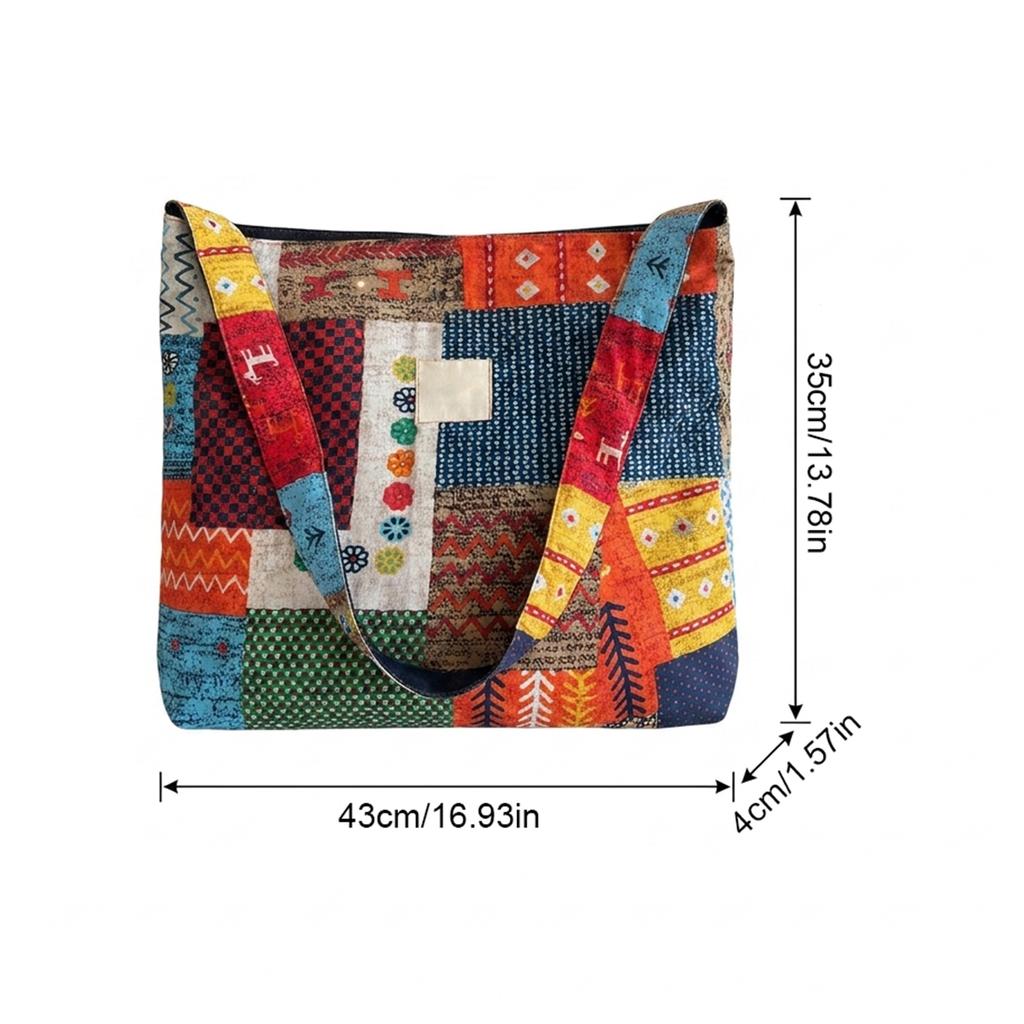 Double-Sided Bohemian Denim Canvas Tote Bag Vintage Contrast Color Commuter Handbag For Women