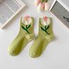 Women Socks Korean Japanese Style Cartoon Green Flower Harajuku Cute Kawaii Mid Tube Socks Breathable Casual Short  Cotton Socks