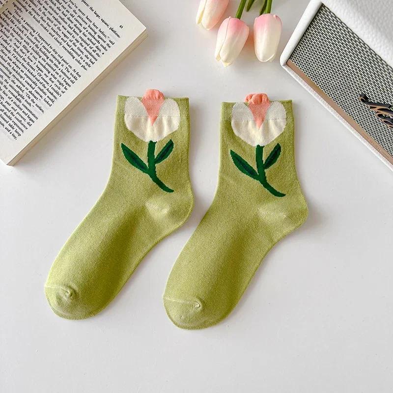 Women Socks Korean Japanese Style Cartoon Green Flower Harajuku Cute Kawaii Mid Tube Socks Breathable Casual Short  Cotton Socks