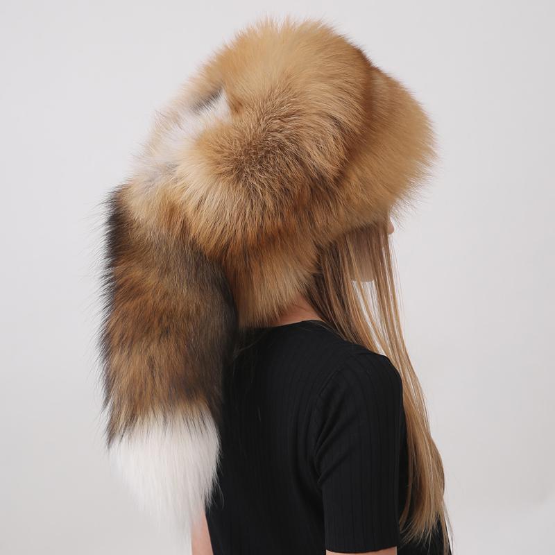 New Fashion Natural Fox Fur Hats for Women Warm Winter Hat with Tail