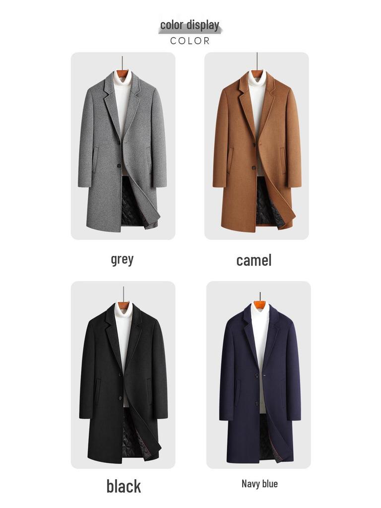 Men's Mid-Length Wool Overcoat with Cotton Padding and Suit Collar - Casual Plus Size