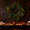 Pre-Lit Artificial Christmas Wreath,  Artificial Christmas Garland For Front Door With Red Bow, Cones, Red Berries,