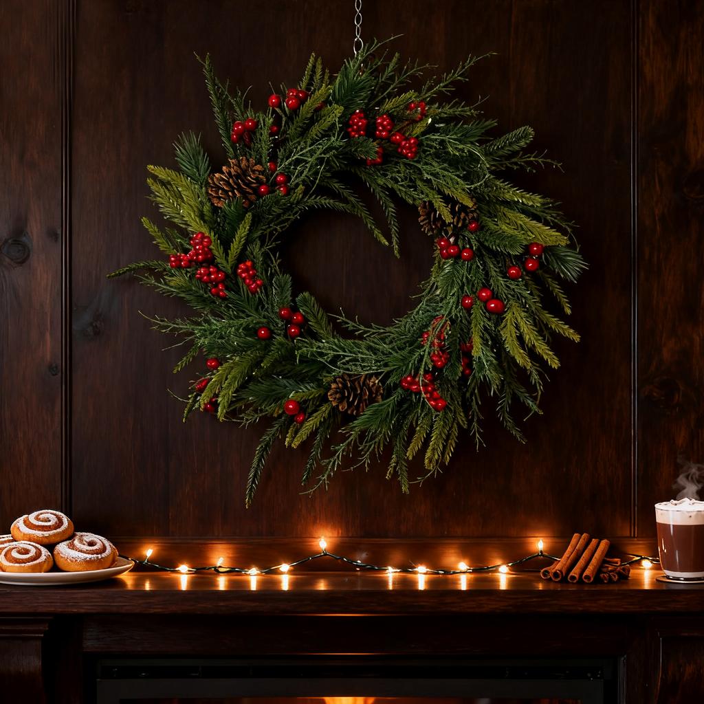Pre-Lit Artificial Christmas Wreath,  Artificial Christmas Garland For Front Door With Red Bow, Cones, Red Berries,