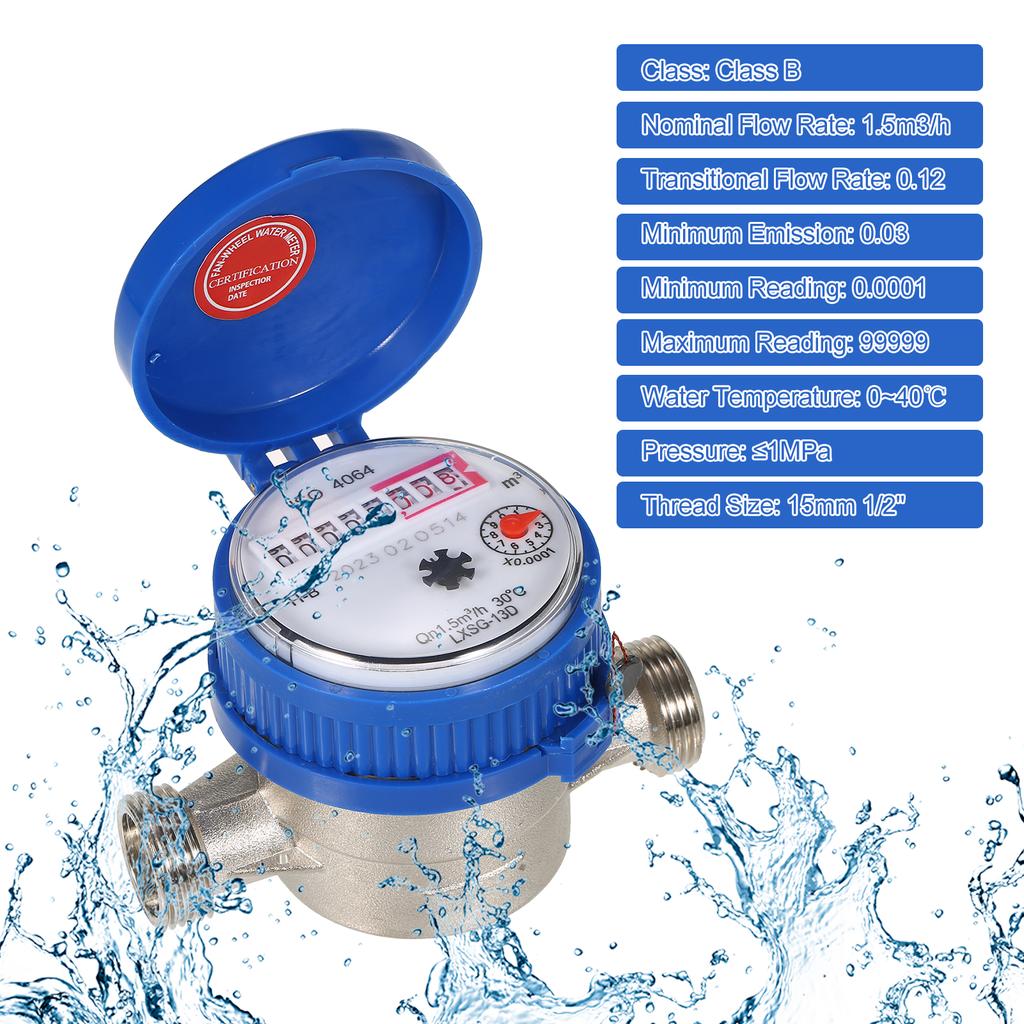 LXSG13D Household Water Meter Single Flow Dry Cold Water Table Qn 1.5m3h 30 Celsius  15mm Garden & Home