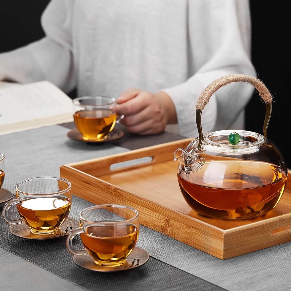 Pokaro Tea Heat-Resistant Glass Teapot, 1000ml, Stovetop-Safe, with Large Bead Design and Braided Hemp Handle, Stylish Japanese Teapot, Perfect Gift