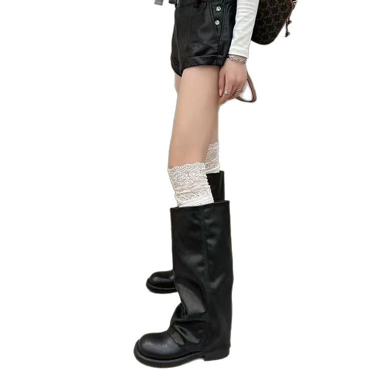Cowhide Version Retro Platform High Tube Leather Boots Fat Mm Big Tube Circumference Round Head Thick Heel Trouser Tube Boots Women's Western Boots