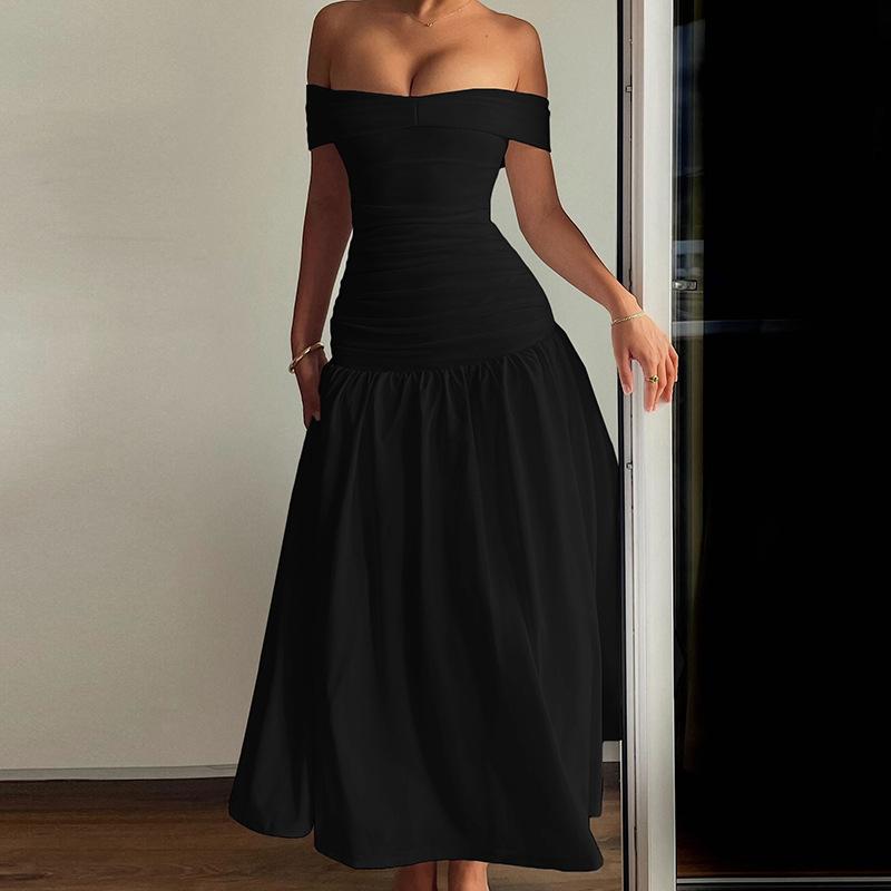 Spring New French INS Style Off-the-shoulder Temperament Thin Pleated Dress Elegant Style