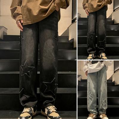 Men Mid-rise Zipper Fly Jeans Oversize Star Aesthetic Pattern Trousers Straight Wide Leg Denim Pants Loose Fit High Street Jeans