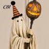 Decorazione Fantasma in Tessuto Shabby Statuetta Vintage con Scettro Zucca Luminoso, Ornamento di Halloween Luce LED Ambra Calda Luce, Resina Illuminata per Interni