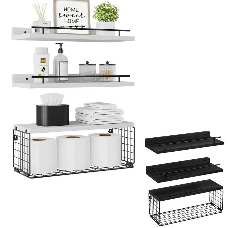 Floating Shelves with Wire Storage Basket Bathroom Kitchen Storage Rack Wall Shelf Decoration Floating Wall Shelves Home Decor
