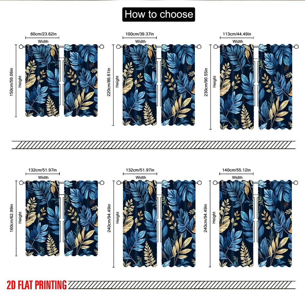 Set Of 2 Flat Printing Curtain Tropical Leaf Blue Gold Digital Printed Polyester Drapes Festive Holiday Perfect Room Bedroom Ideal For