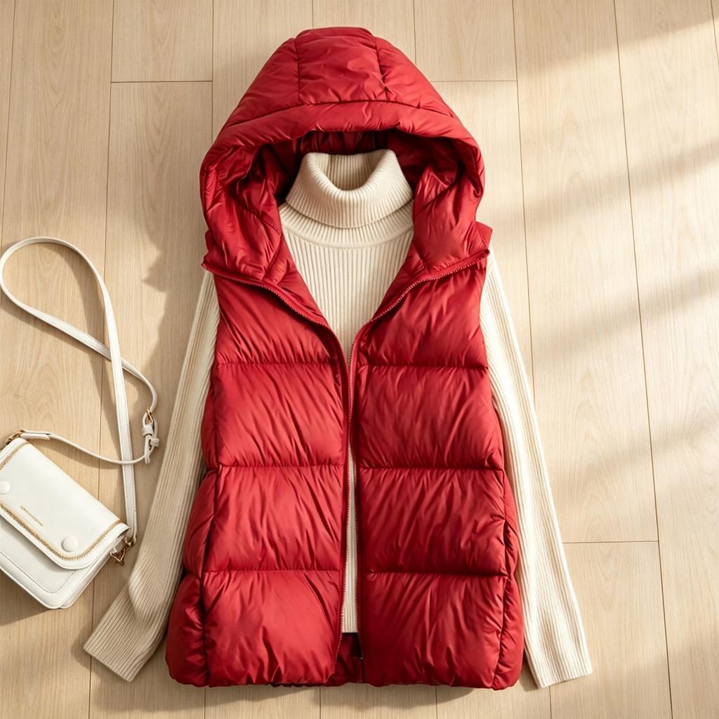 Women's Lightweight, Thickened Down Vest for Middle-Aged and Elderly Women Solid-Color Hooded Puffer Jacket