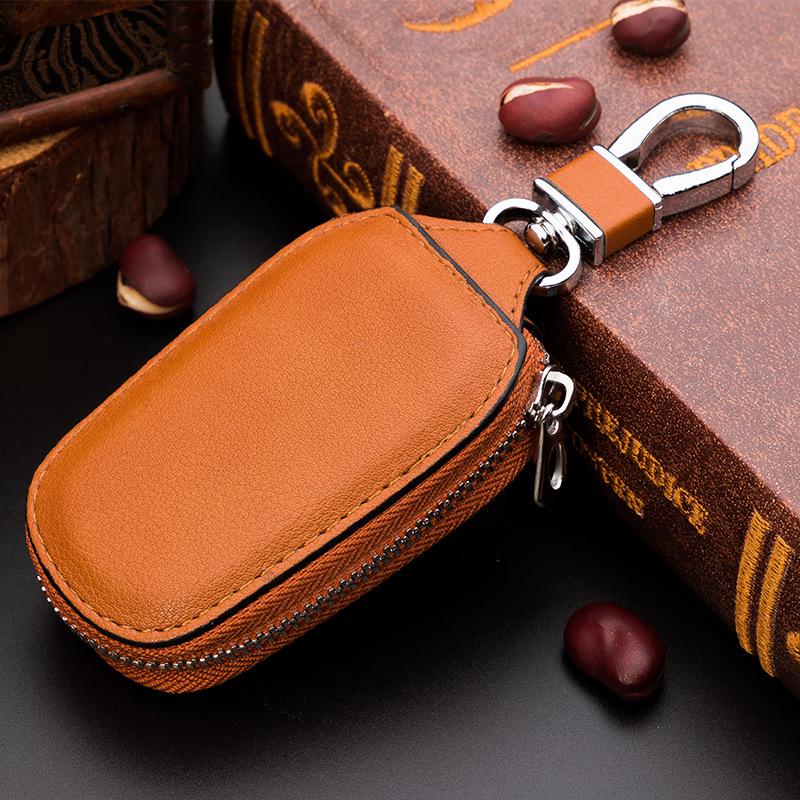 Men's Universal Cowhide Leather Car Key Case with Car Logo and Waist-Hanging Zipper