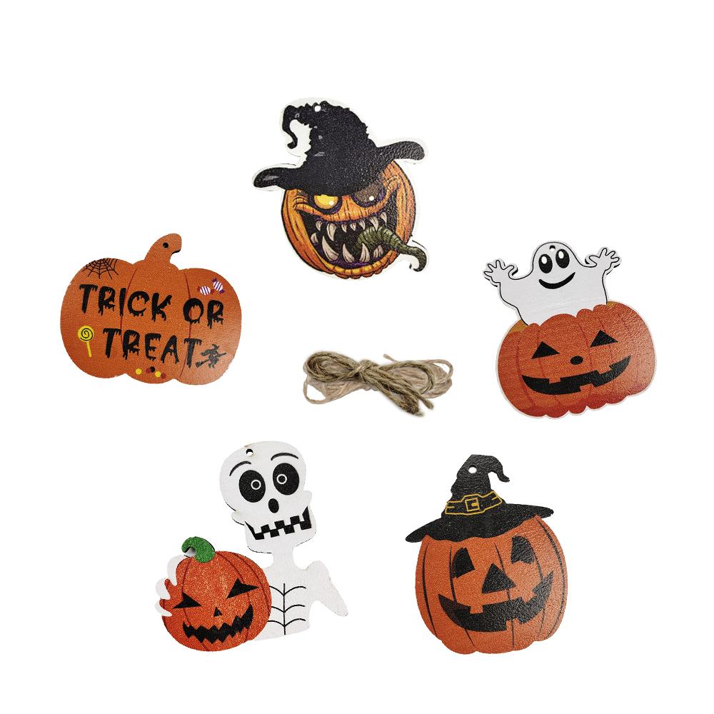 5Pcs Halloween Wooden Pendants Funny Pumpkin Ghost Skeleton Hanging Ornaments Woodden Diy Accessories Halloween Decoration 2024