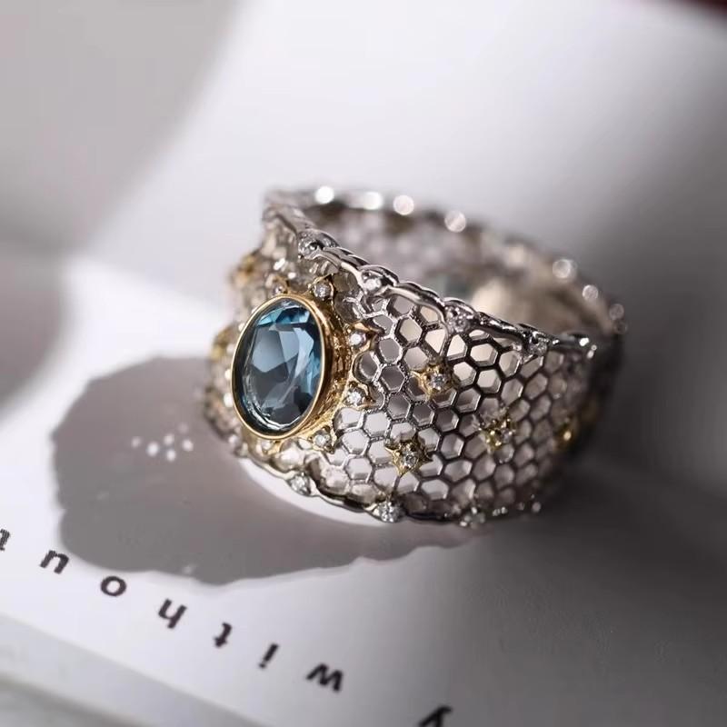 PANJBJ 925 Silver Stars Ring For Women Blue Crystal Opening Sweet Romance Irregular Versatile Jewelry Gift