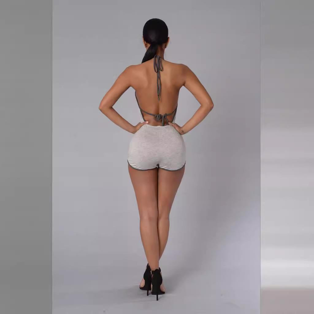 Women's Hanging Neck Backless Casual Short Jumpsuit