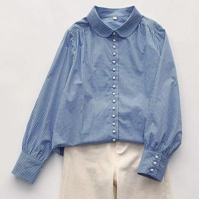 Damen Neu Geteilt Locker und Vielseitig POLO Kragen Knopf Kariert Mode Lässiges Hemd