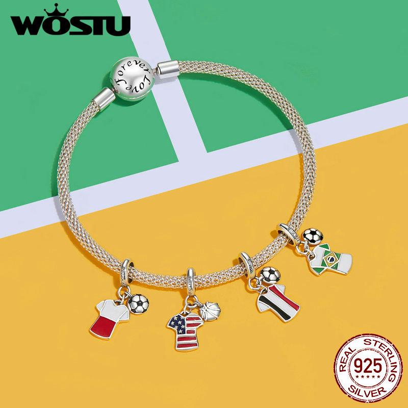 WOSTU 2024 925 Sterling Silver Football Love Sport Charm Beads Fit Women Bracelet & Necklaces Jewelry Soccer Beads