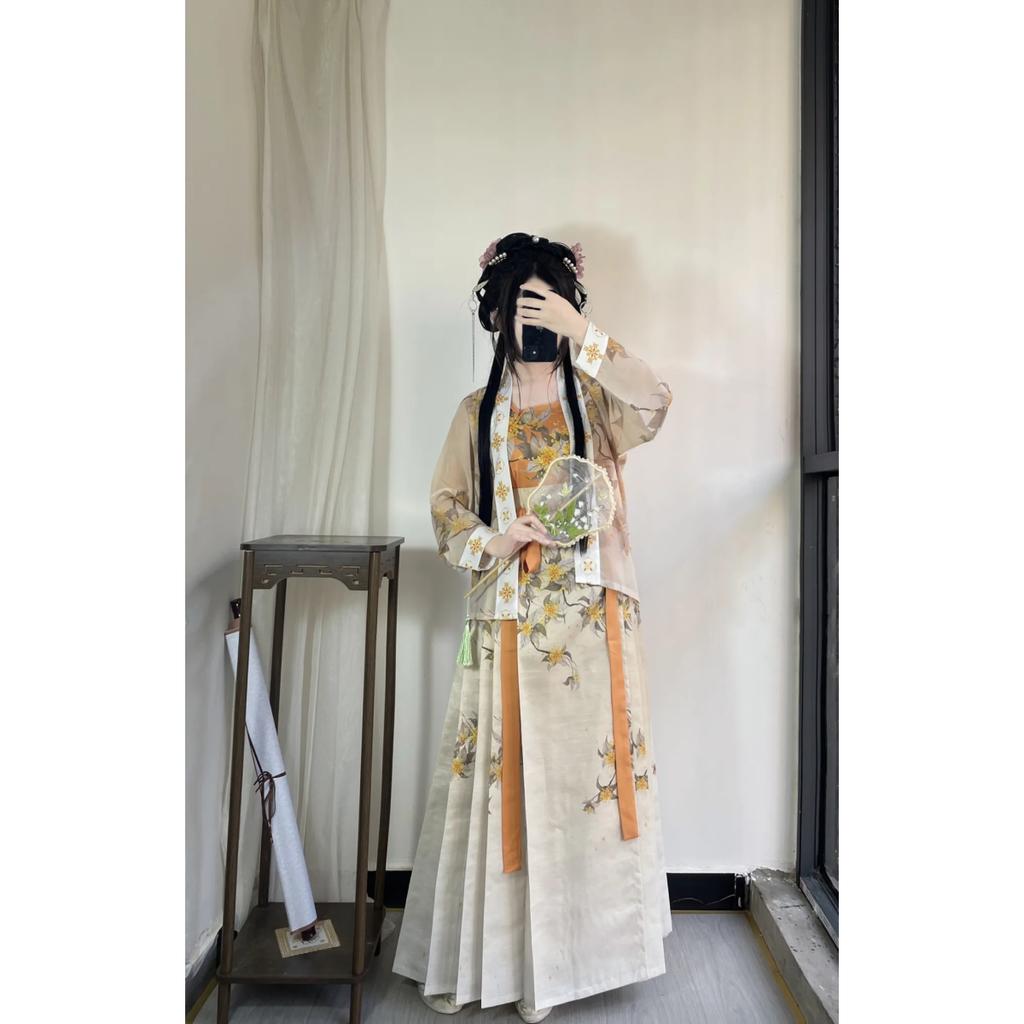 Chinese Ming Dynasty Style horse-face  Skirt Osmanthus Print Daily Suit For Women
