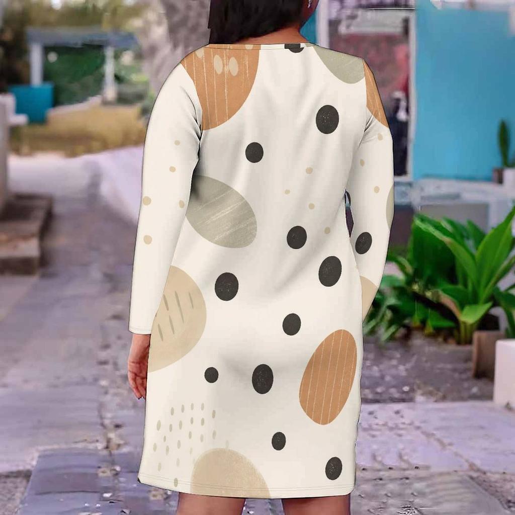 Damen Übergröße V-Ausschnitt Langarm Bedrucktes Geometrisches Polka Dot Gerades Midi-Kleid