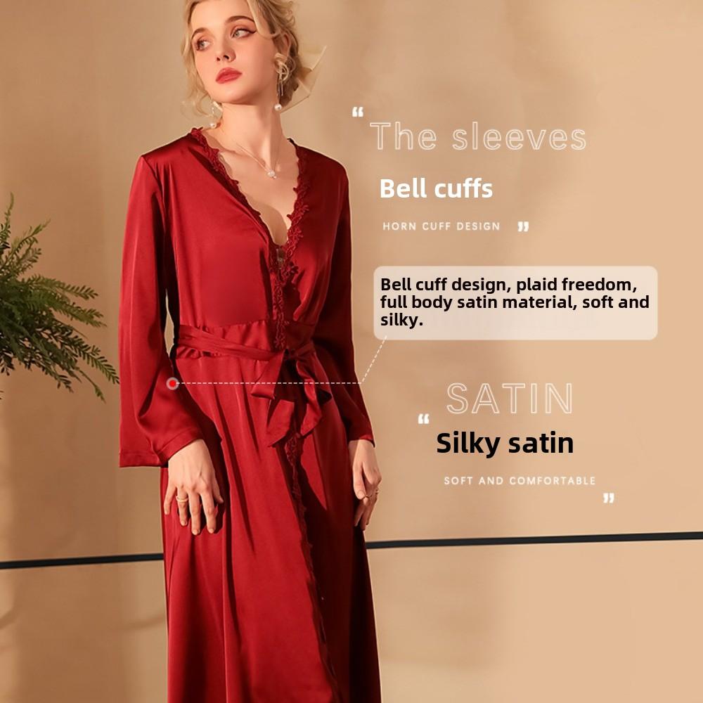 Sexy Nachthemd Langer Bademantel Sexy Pyjama Damen Langärmliger Neckholder Damen Satin Loungewear