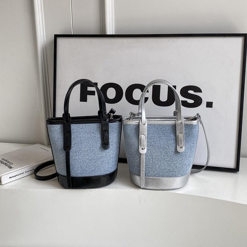 Popular contrasting color bucket bag women's new small bag fashionable portable shoulder bag textured messenger bag