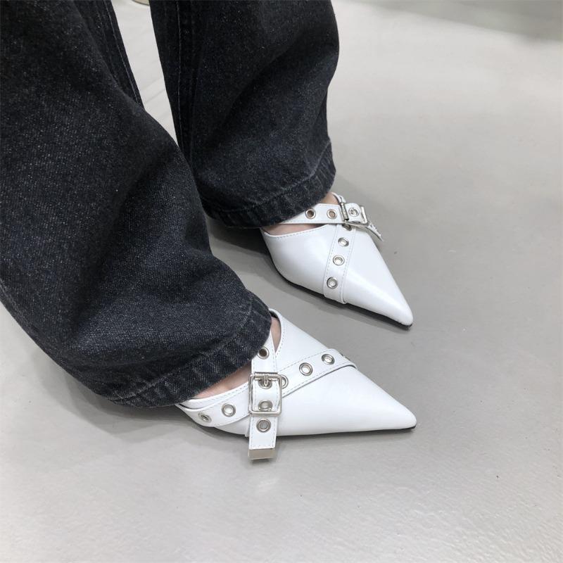 Footwear Baotou Pointed Half Slippers Female External Wear Medium Heels Pumps 2025 Fashion New Ankle Buckle 4cm Follow