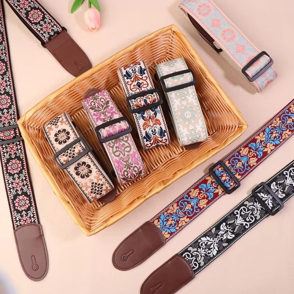 Leather Guitar Strap Embroidery Adjustable Neck Strap Durable Bass Strap for Bass Guitar