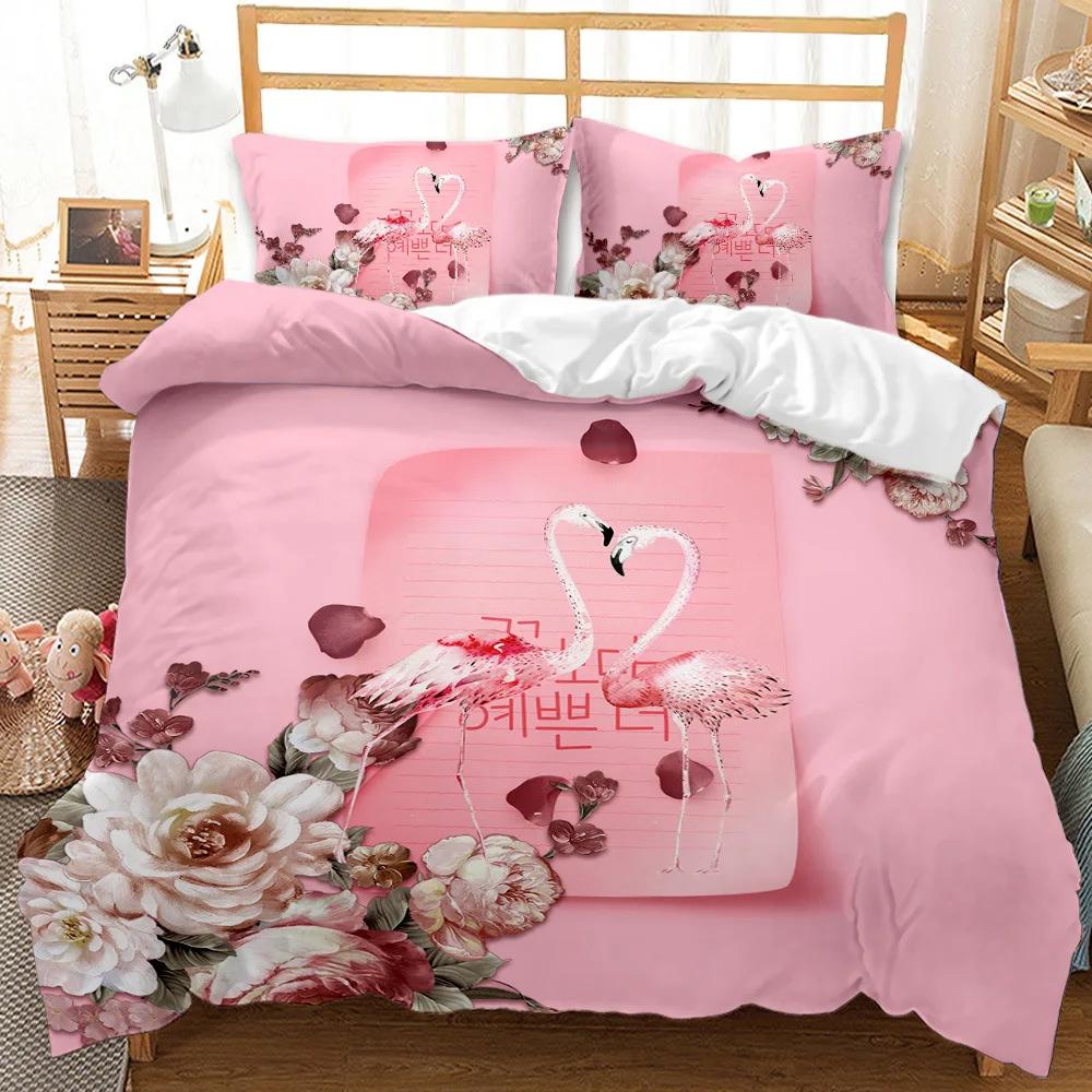 Flamingo Duvet Cover Three-Piece Girl Bedroom Bedding Quilt Cover Set Pink Bedspread