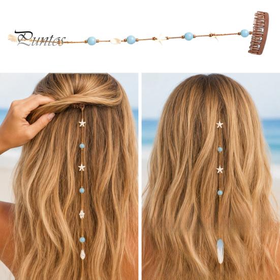 Invisible Clip Hair Charms Beach Mermaid Clip, Starfish Shell Bead Chain for Women, Seaside Party Decorations Boho Coastal Summer Vacation Styling