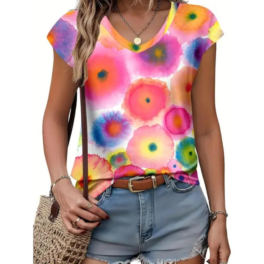 Camiseta vintage para mujer con estampado floral, manga corta, cuello en V, tops cómodos