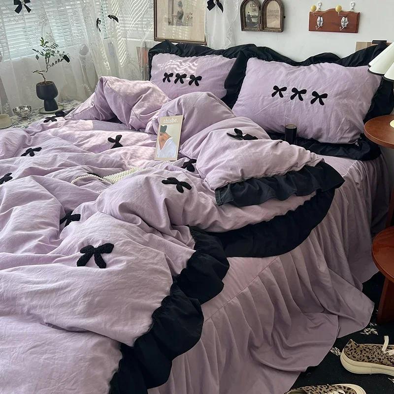Black Bow Cotton Bedding Set, Princess Style Cute Girl Skin Friendly Soft Duvet Cover, Bed Sheet or Bed Skirt Pillowcase